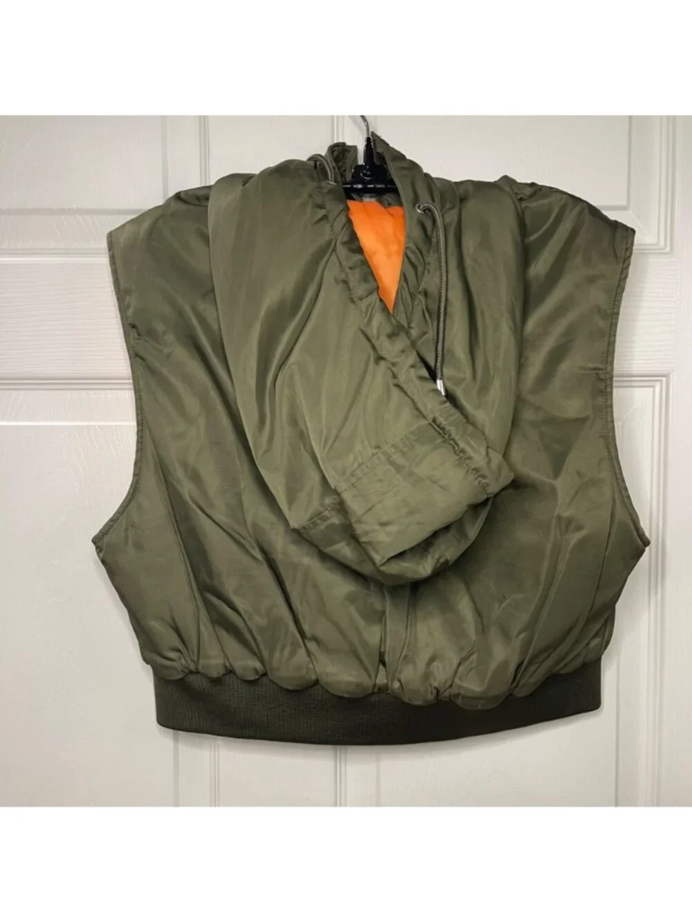 Zara Cropped Hooded Vest Womens Size Large Green Full Zip High Neck Snap Pockets